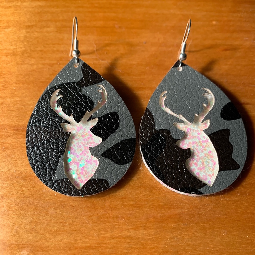 Custom deer camo faux leather glitter earrings